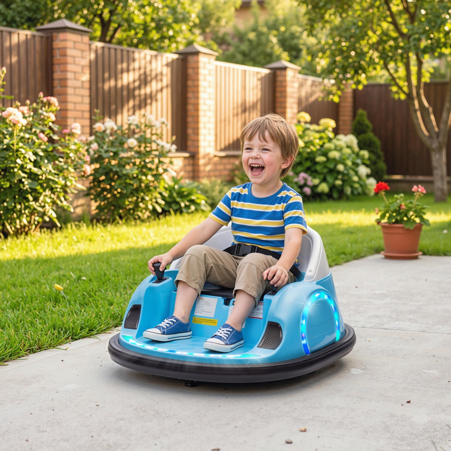 360° Rotation Kids Bumper Car, 12V Waltz Car with Remote Control, Dual Joystick, Music, Lights, Light Blue