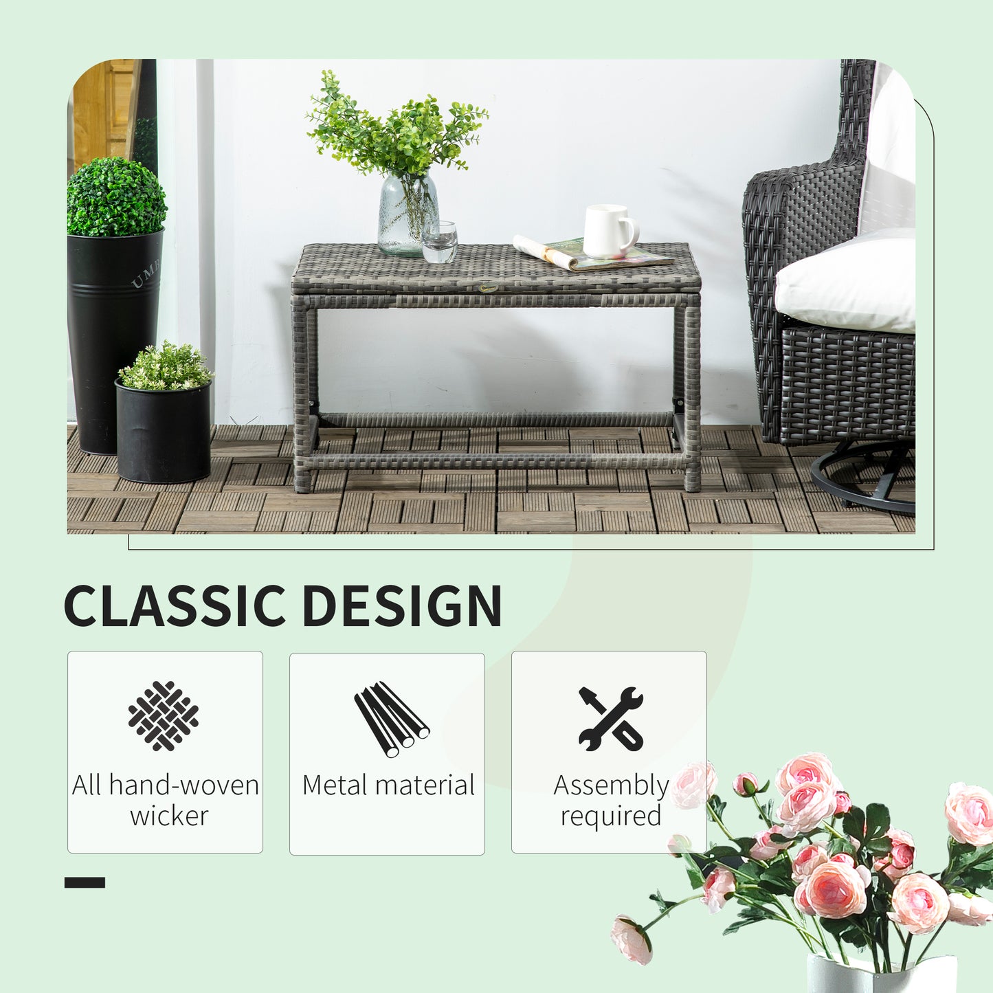 Outdoor Coffee Table Side Table with Rectangular Shape Frame for Patio, Balcony, Mixed Grey