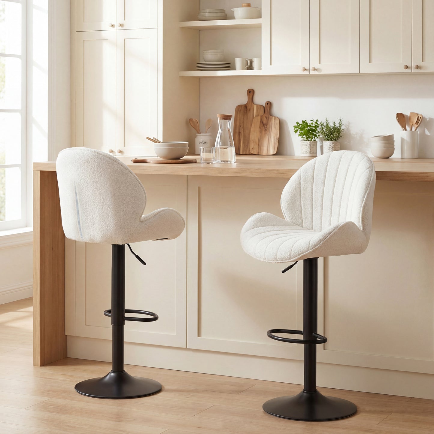 Bar Stools Set of 2, Swivel Barstools with Back, Adjustable Height and Footrest for Kitchen Island, Dining Room, Cream