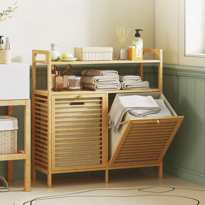 Double Tilt Out Bamboo Laundry Cabinet, Freestanding Bathroom Cabinet with 2 Removable Baskets, Natural