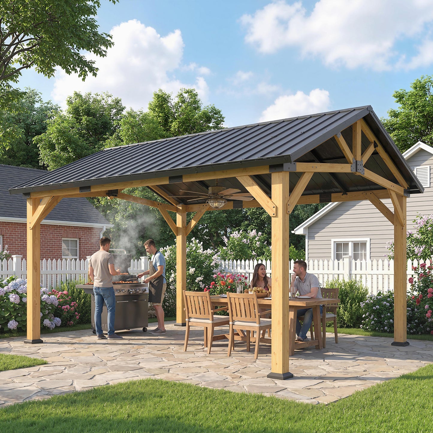 3.5 x 4 m Hardtop Gazebo Canopy with Galvanised Metal Roof, Fir Wood Frame and Hook for Patio, Garden, Black Grey