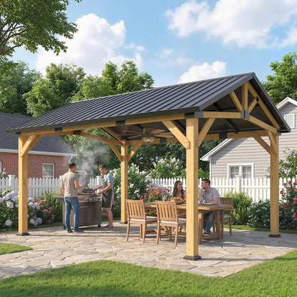 3.5 x 4 m Hardtop Gazebo Canopy with Galvanised Metal Roof, Fir Wood Frame and Hook for Patio, Garden, Black Grey