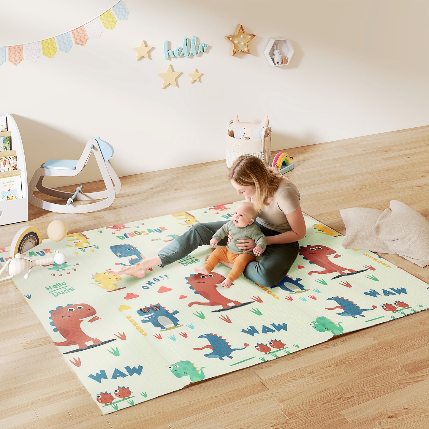 Baby Play Mat, Double Sideded Foldable Kids Crawling Mat, Reversible & Waterproof, Dinosaur