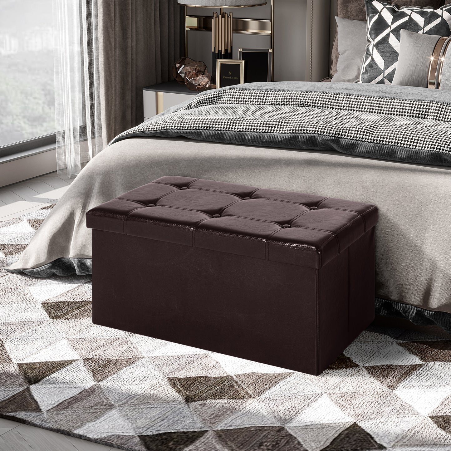 Folding Faux Leather Storage Cube Ottoman Bench Seat PU Rectangular Footrest Stool Box (Brown)