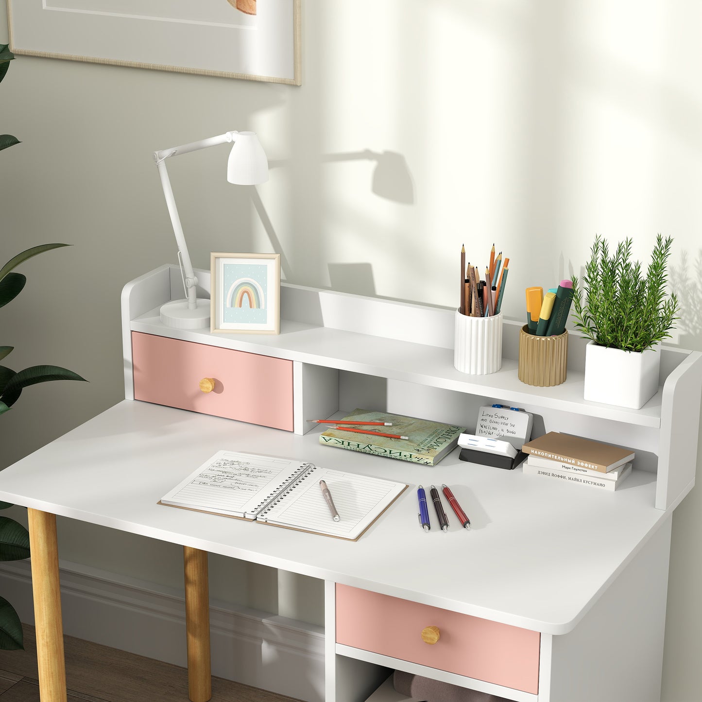 2 Pieces Children Study Table with Hutch, Kids Desk and Chair Set with Storage, Drawer, Shelves, Pink