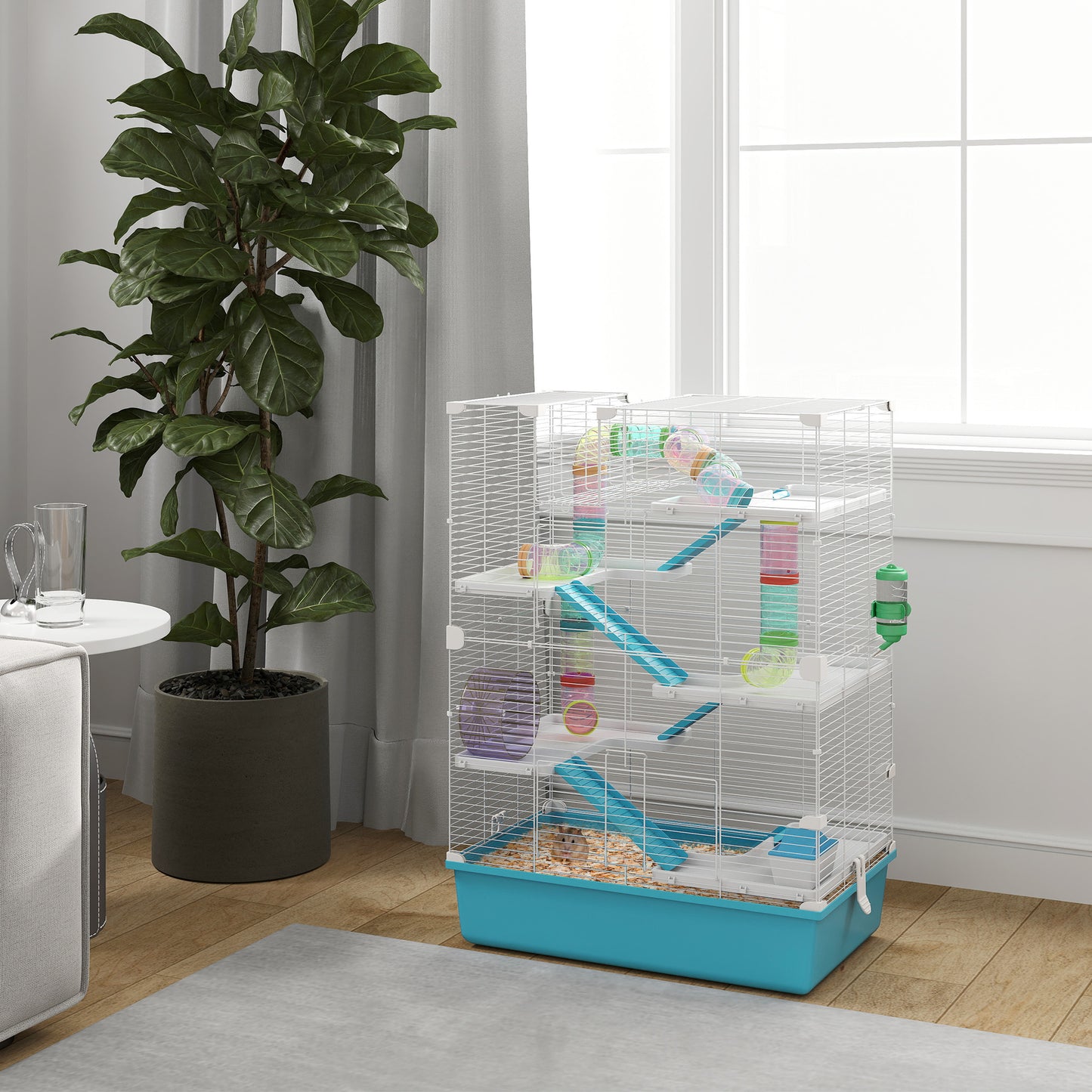 6 Tier Hamster Cage, Small Animal Cage with Tubes, Exercise Wheel, Ramps, Hut, Food Dish, Water Bottle, Light Blue