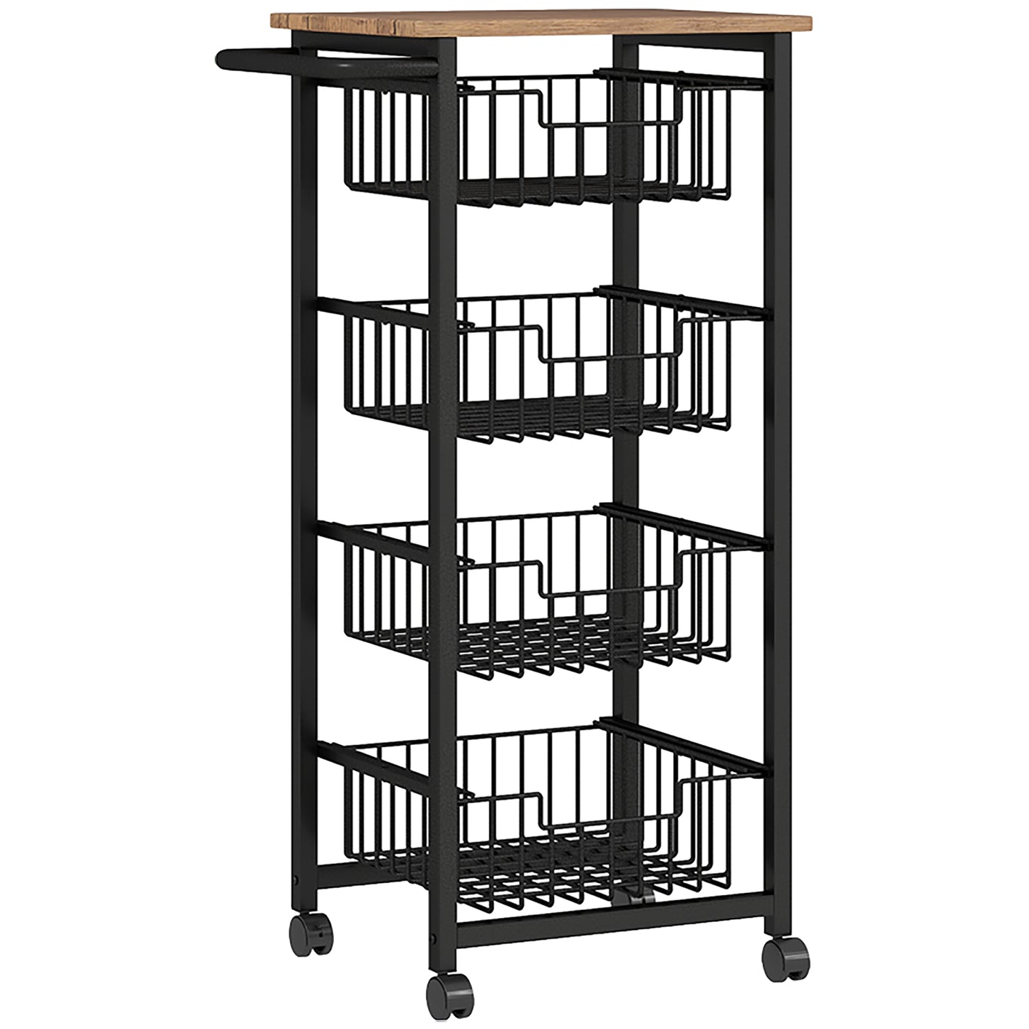 Four Basket Mobile Kitchen Island, with Brakes - Oak/Black