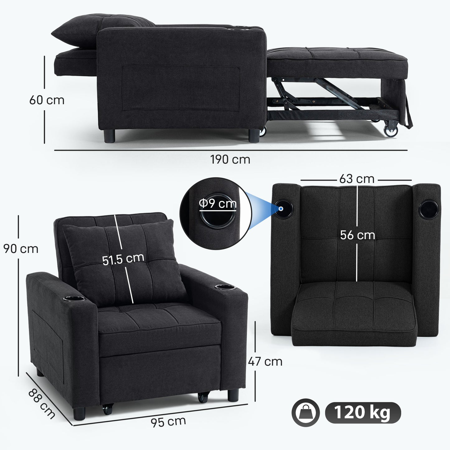 3-in-1 Single Sofa Bed, Convertible Sleeper Chair Bed - Black