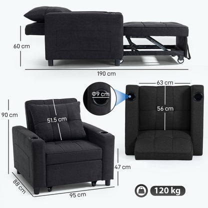 3-in-1 Single Sofa Bed, Convertible Sleeper Chair Bed - Black