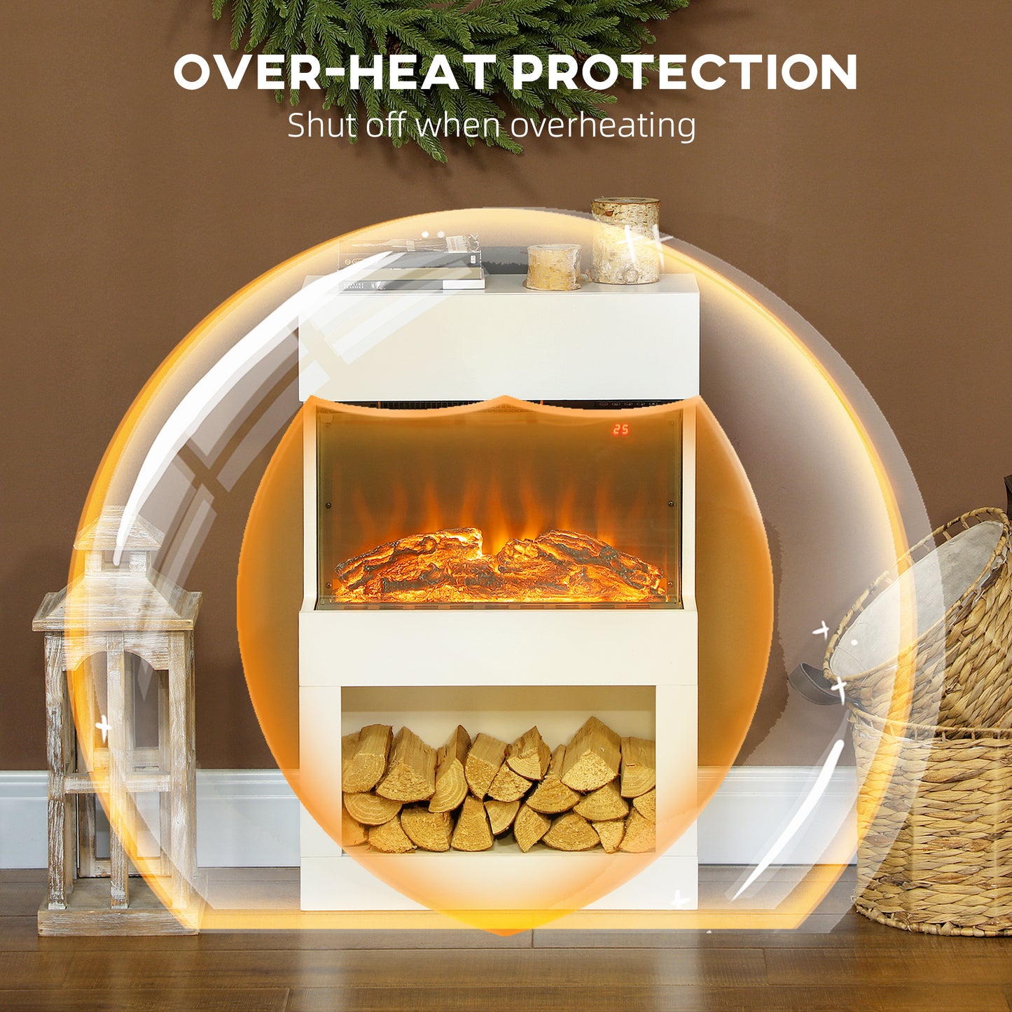 19" Electric Fireplace with Surround, 3D Flame Effect, 6 Colours & 3 Brightness Levels