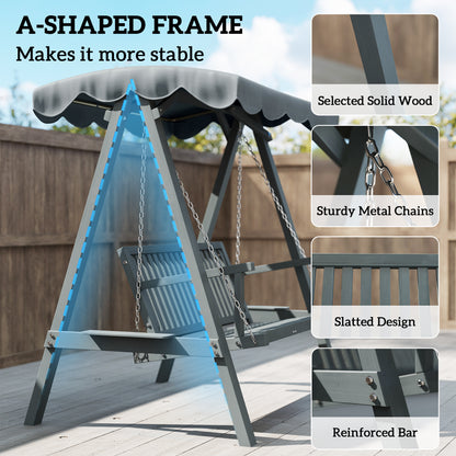 2 Seater Garden Swing Seat with Canopy, Wooden Swing Chair, Outdoor Hammock Bench for Balcony Patio Porch, Grey
