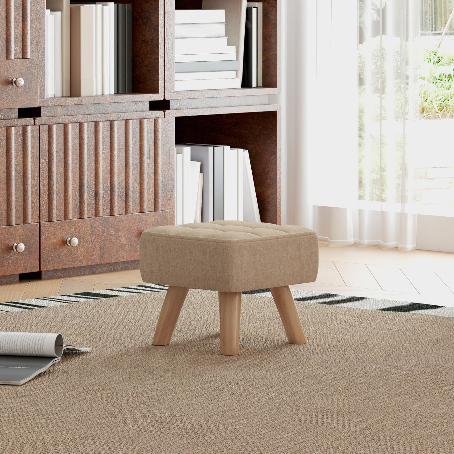 Linen-Look Square Padded Footstool - Brown