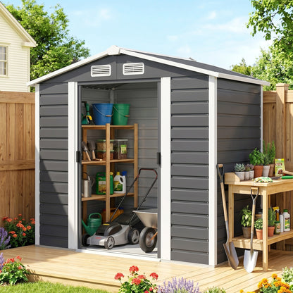 7 x 4ft Garden Shed, Easy to Assemble, Upgraded Galvanised Steel Frame with Foundation Kit, Double Doors with Lock