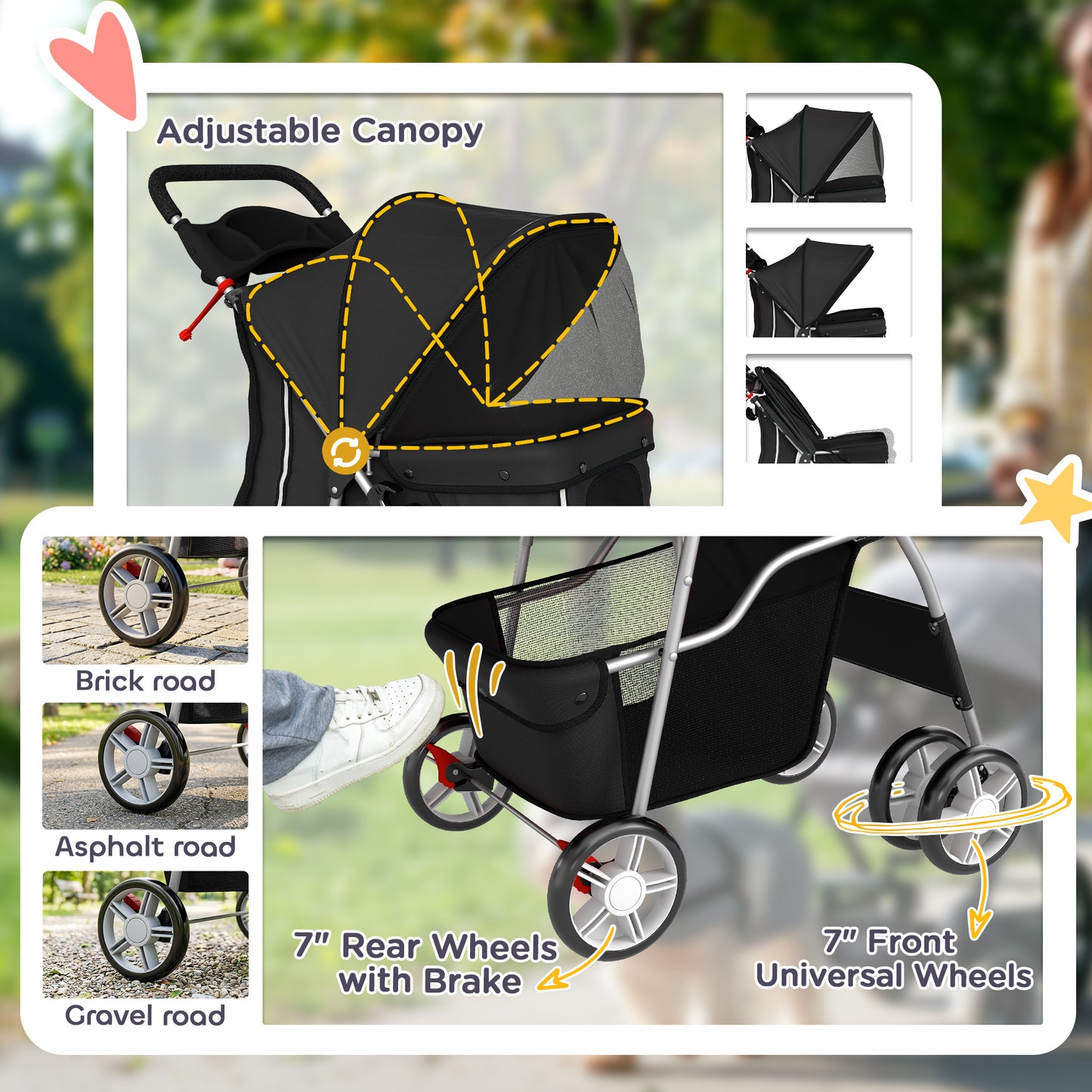 Dog Pram, Pet Stroller with Reflective Strips, Foldable Cat Stroller with 360° Swivel Wheels, Black