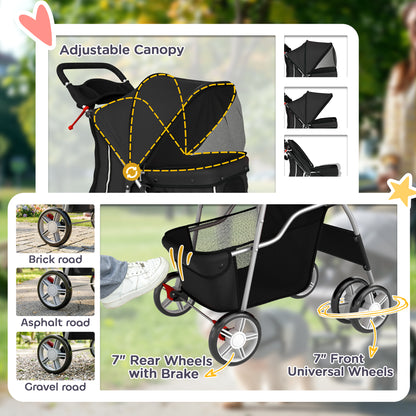 Dog Pram, Pet Stroller with Reflective Strips, Foldable Cat Stroller with 360° Swivel Wheels, Black