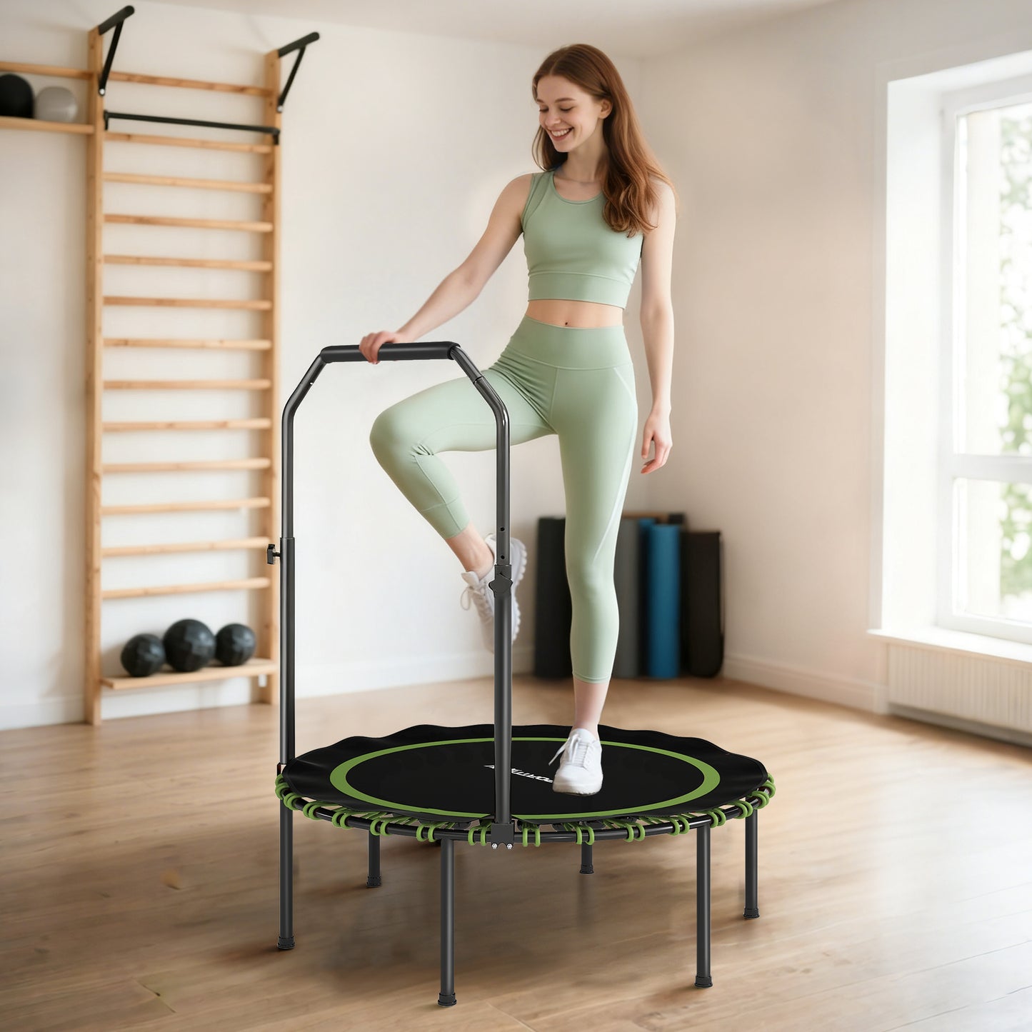 40" Foldable Fitness Trampoline Rebounder with Handle, Green