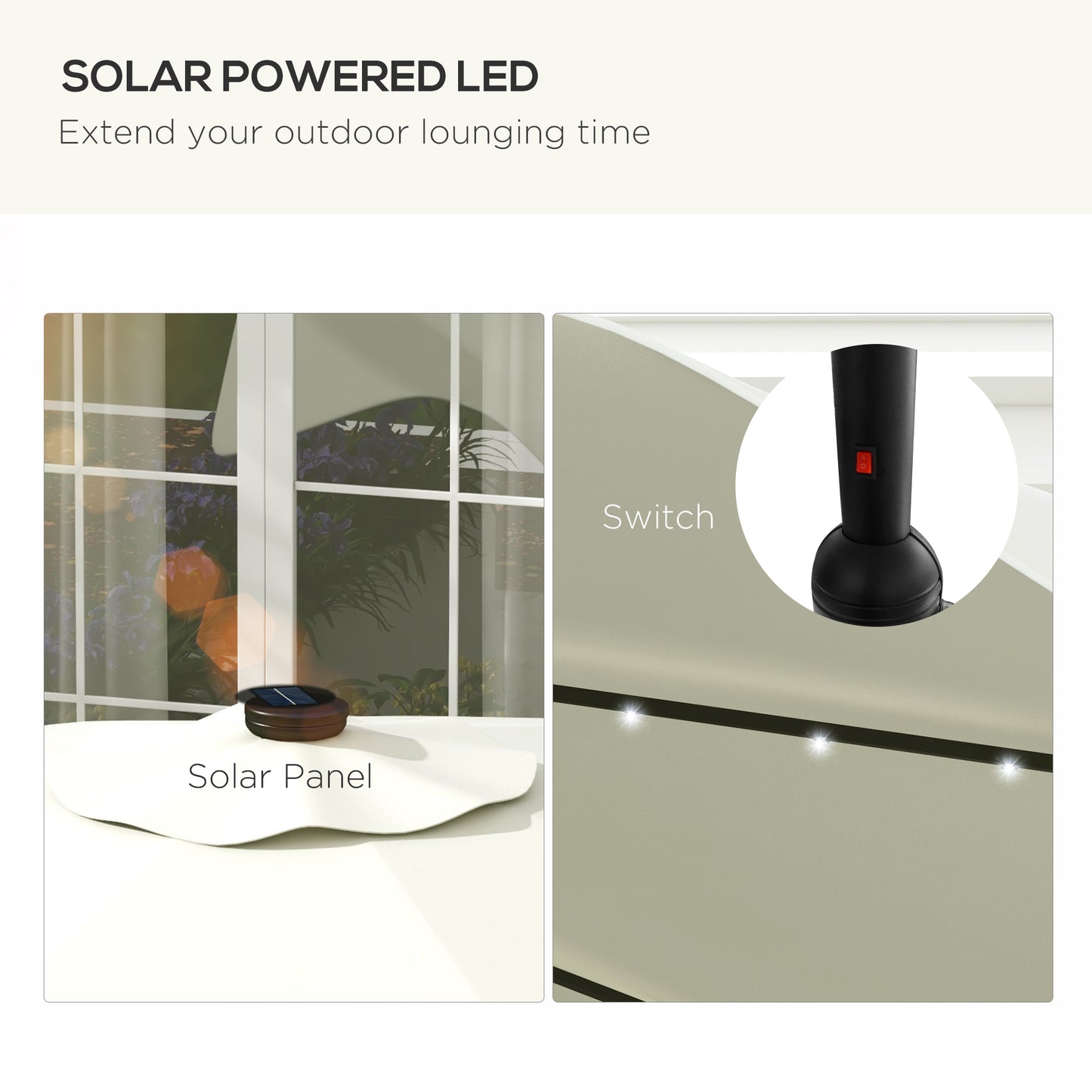 Solar Patio Umbrella with LED and Tilt, Outdoor Market Table Umbrella Parasol with Crank, 3 x 3 (m), Cream White