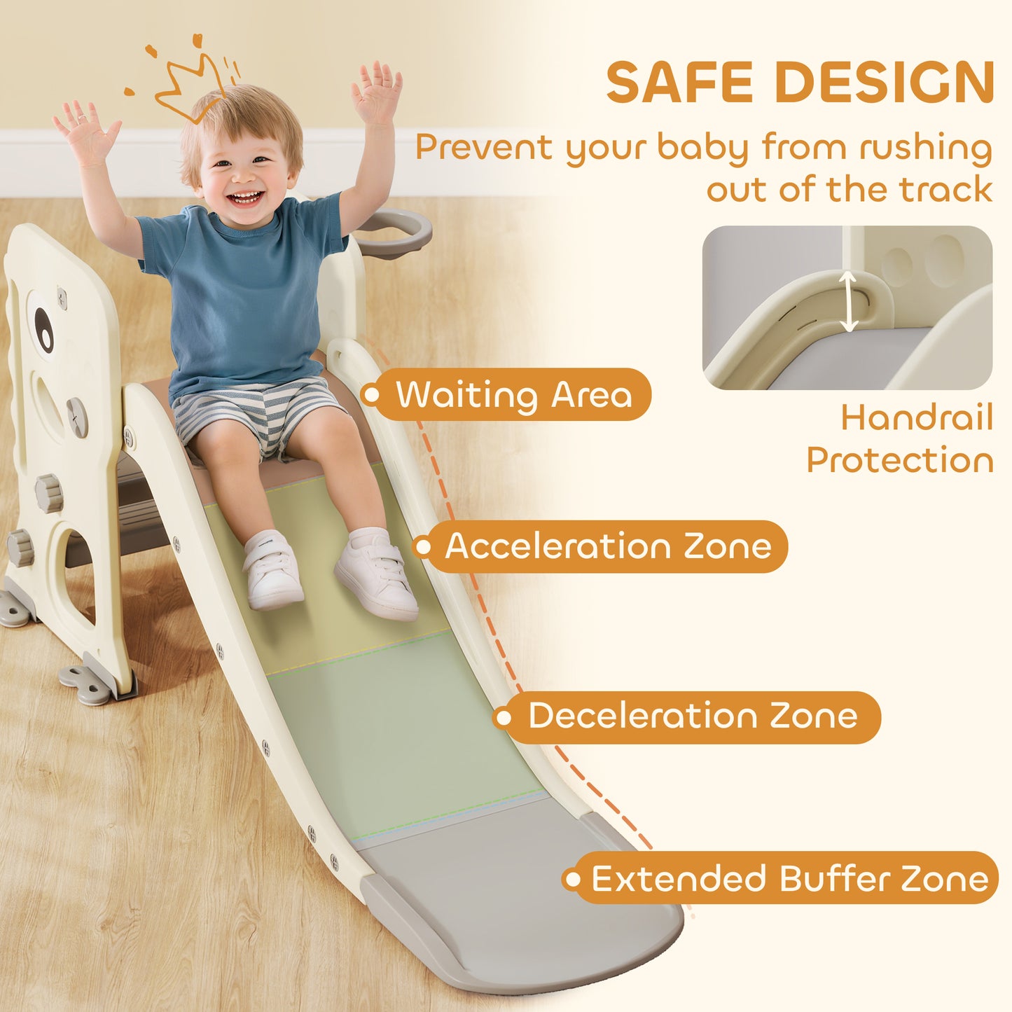 3 in 1 Kids Slide with Climber, Basketball Hoop and Ball, Foldable Indoor Toddler Slide for Ages 2-5, Cream White