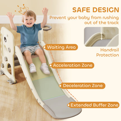 3 in 1 Kids Slide with Climber, Basketball Hoop and Ball, Foldable Indoor Toddler Slide for Ages 2-5, Cream White