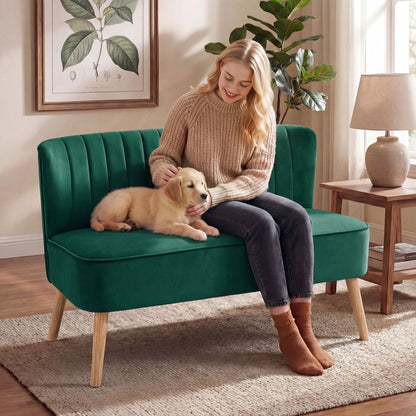 117cm Loveseat Sofa Upholstered Small 2 Seater Sofa with Thick Padded Seat and Rubber Wood Legs, Dark Green