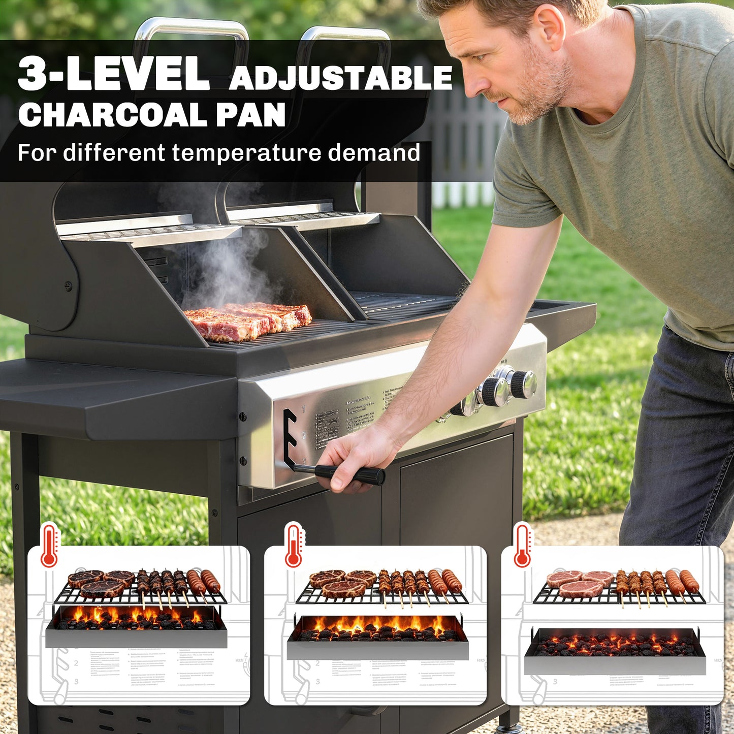 2+1 Burner Hybrid Dual Fuel BBQ Gas Grill, 2-in-1 Propane & Charcoal Barbecue Grill Smoker Combo with Wheels, Black