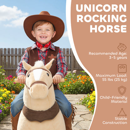 Rocking Horse, Plush Ride On Horse with Rolling Wheels & Saddle, Ride On Pony Toy for Kids 3-5 Years, Up to 25kg, Brown