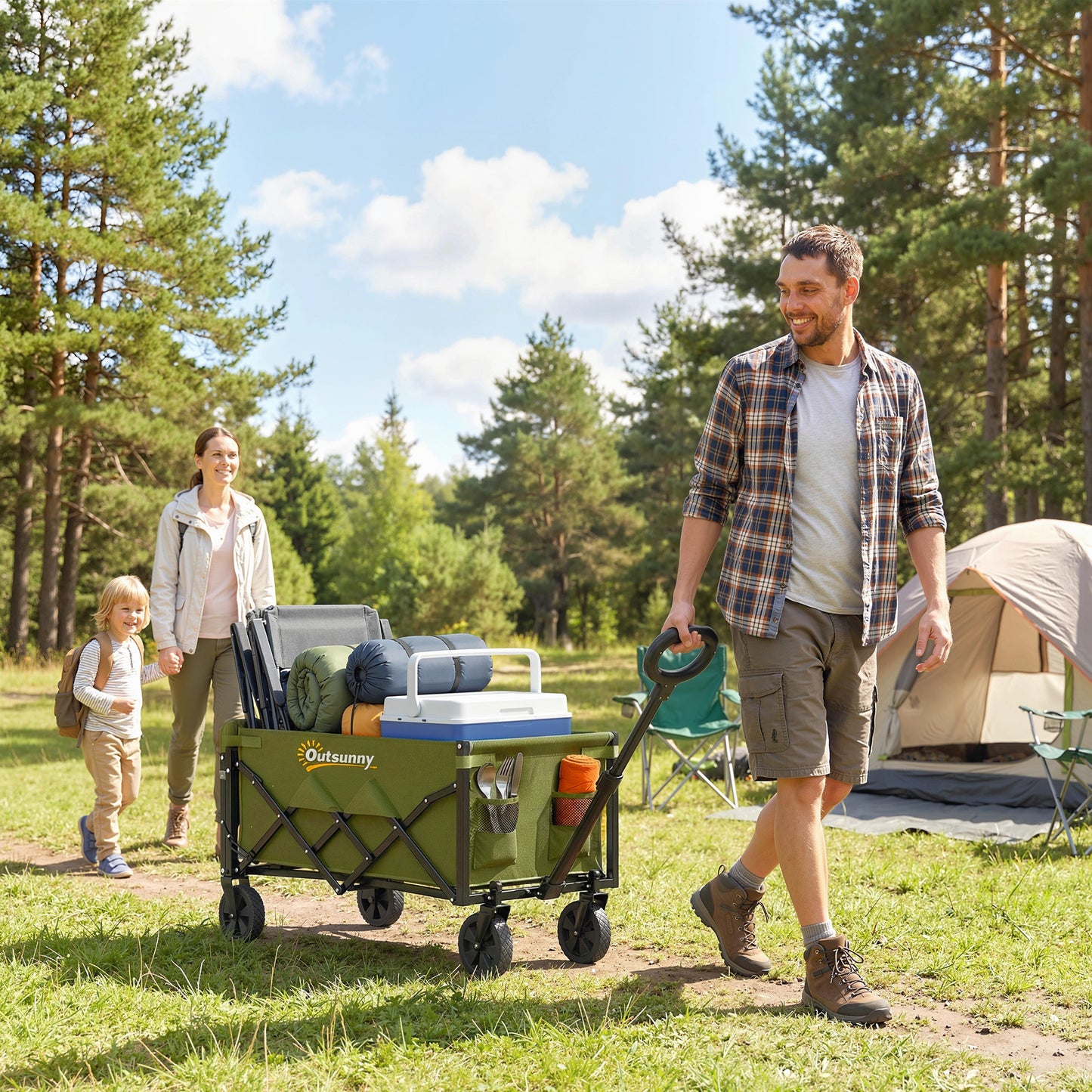 60L Foldable Festival Trolley on Wheels, Collapsible Wagon Cart with Drop-Down Tailgate, Adjustable Handle, Green