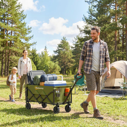 60L Foldable Festival Trolley on Wheels, Collapsible Wagon Cart with Drop-Down Tailgate, Adjustable Handle, Green