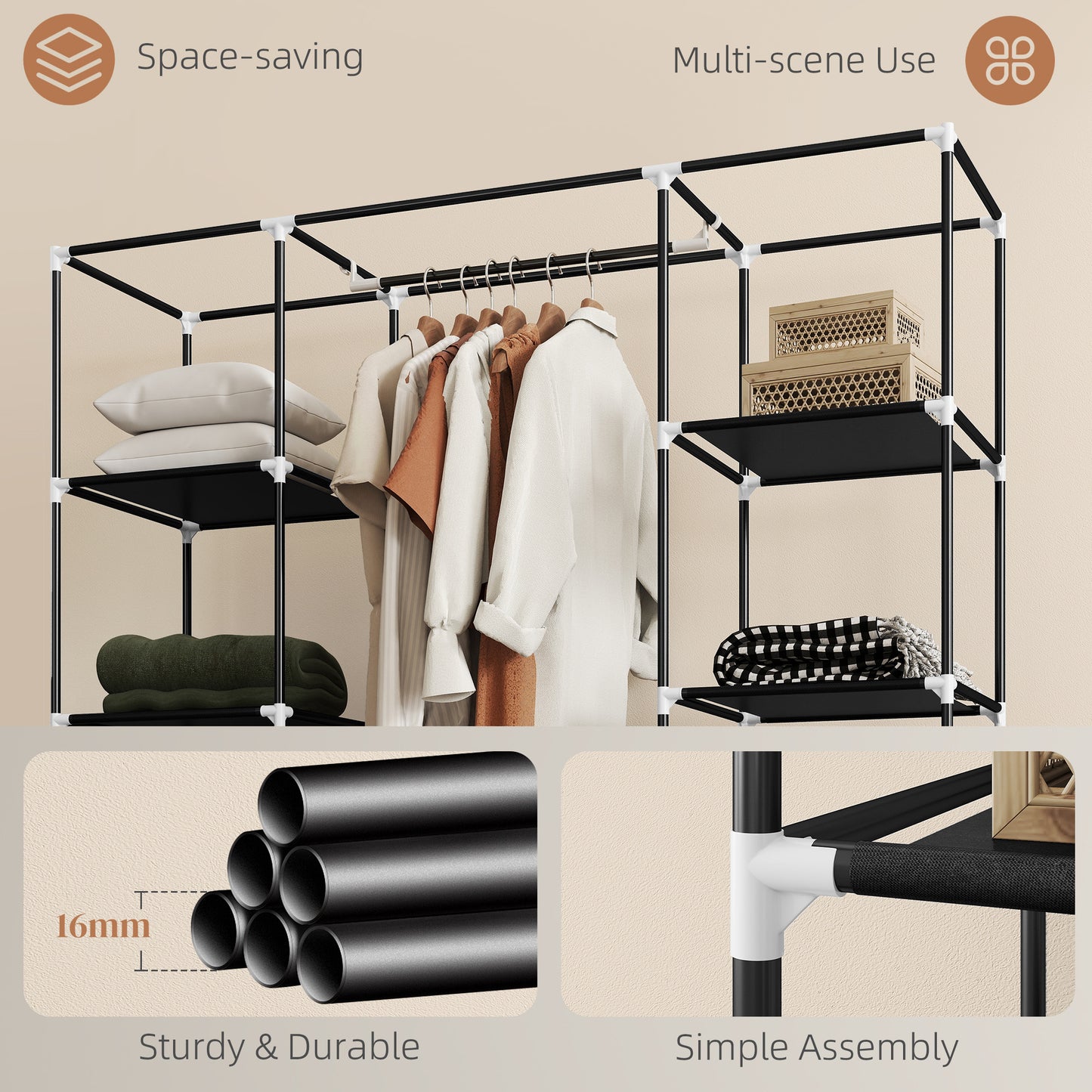 Portable Wardrobe, Foldable Fabric Wardrobe, 150 x 43 x 162.5cm, Clothes Storage Organiser with Hanging Rail, Shelves