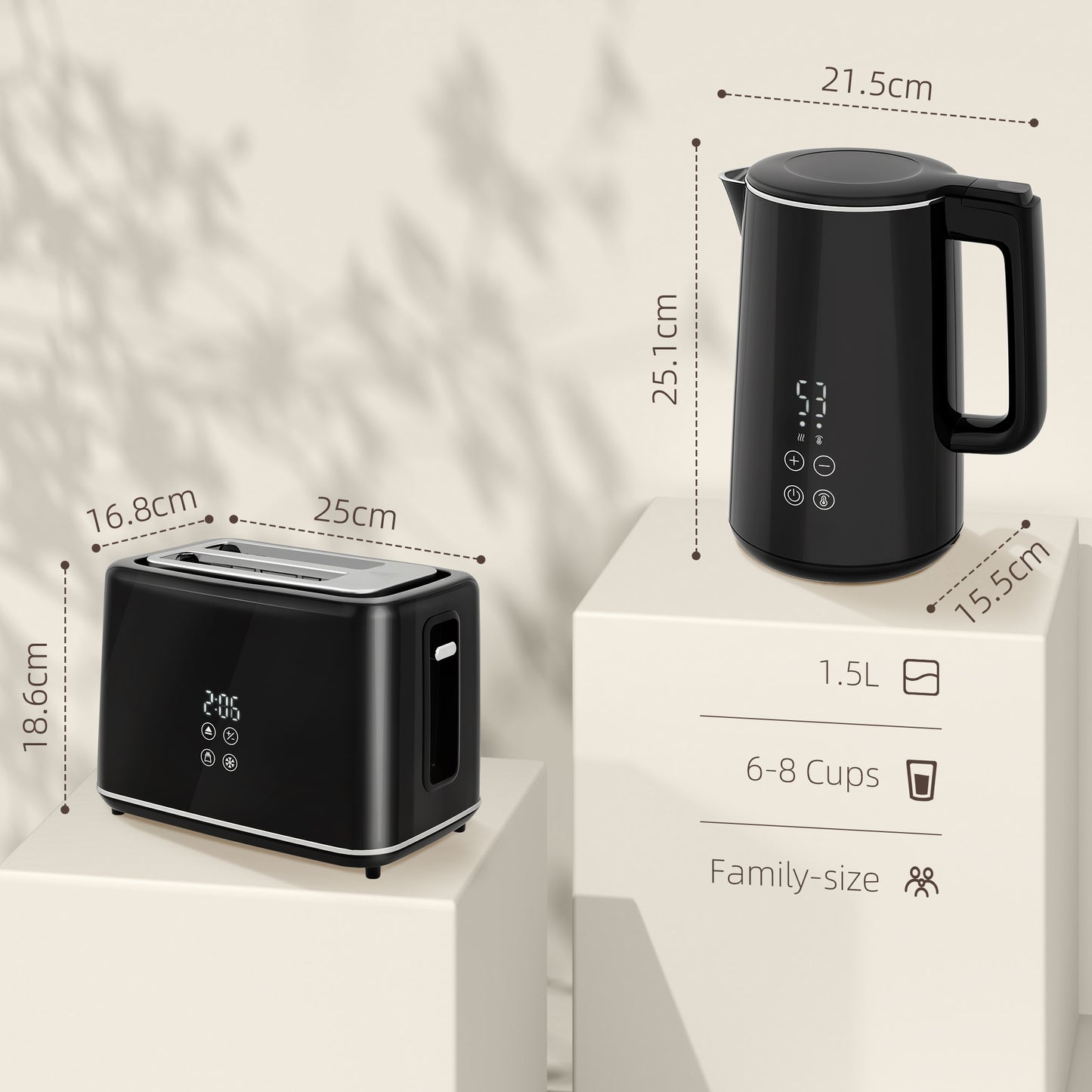 Polished Stainless Steel Kettle and Toaster Set - Black