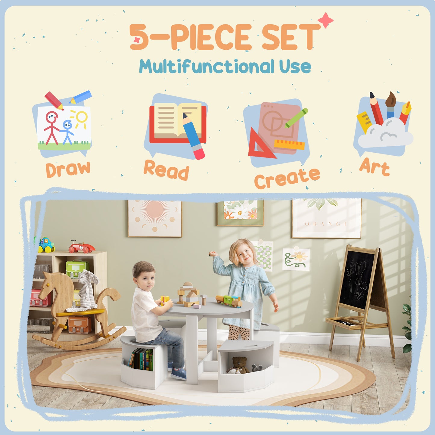 Five-Piece Kids Table and Chairs Set with Storage, for Ages 3-8 Years, Grey