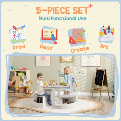 Five-Piece Kids Table and Chairs Set with Storage, for Ages 3-8 Years, Grey