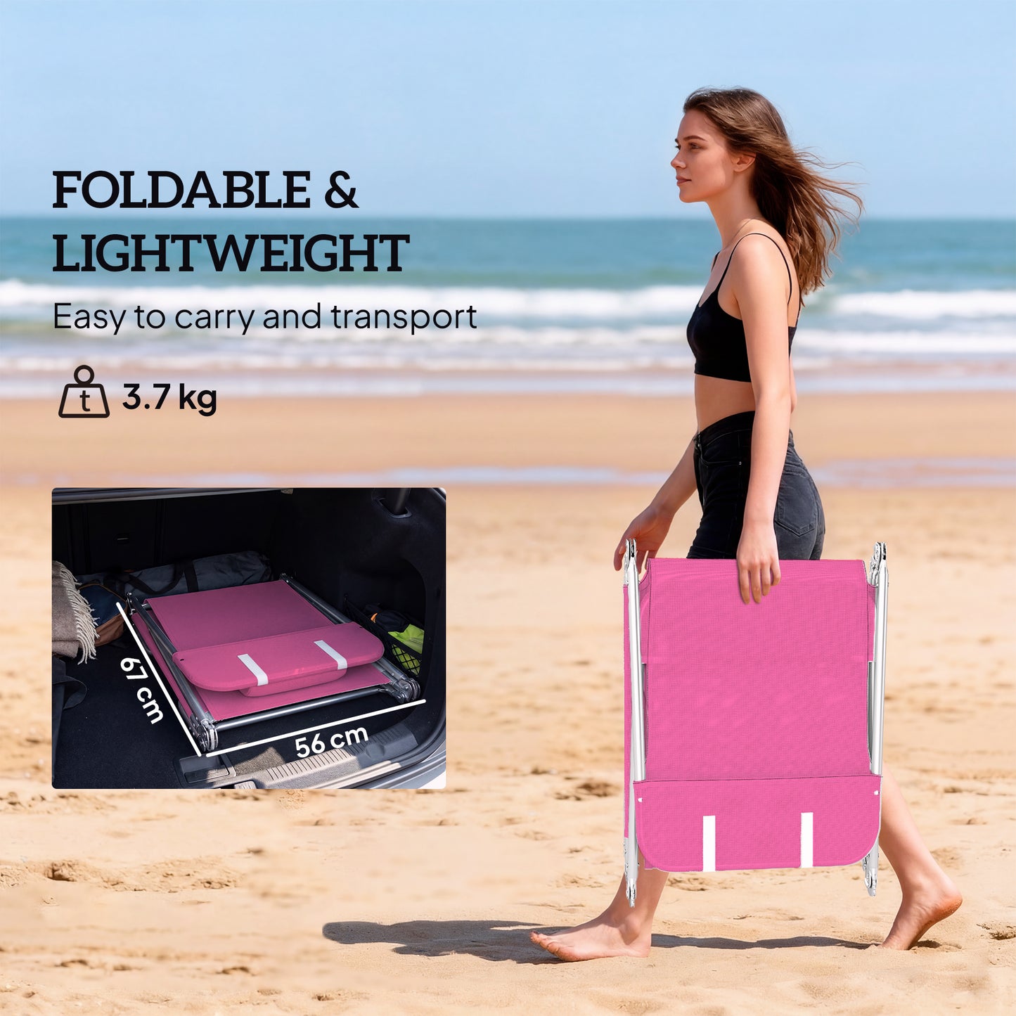 Folding Sun Lounger with Head Pillow - Pink