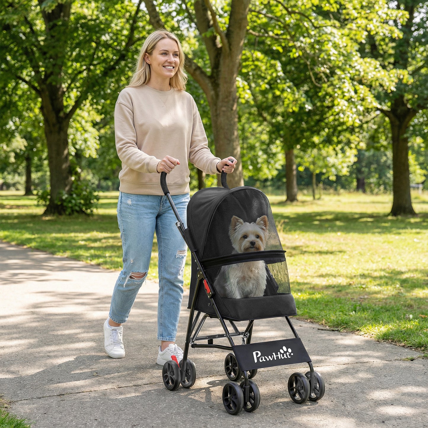 Dog Stroller, Foldable Cat Dog Pram for Miniature Breeds, Pet Stroller with Brake, Mesh Windows, Black