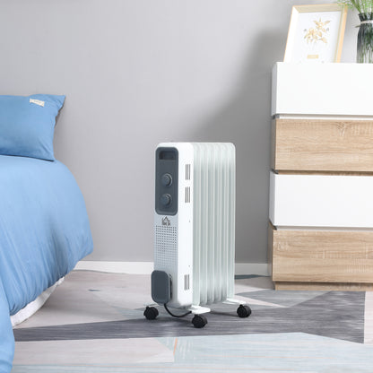 1500W Oil Filled Radiator, Portable Electric Heater with 3 Heat Settings, Safety Cut-Off and Wheels, White