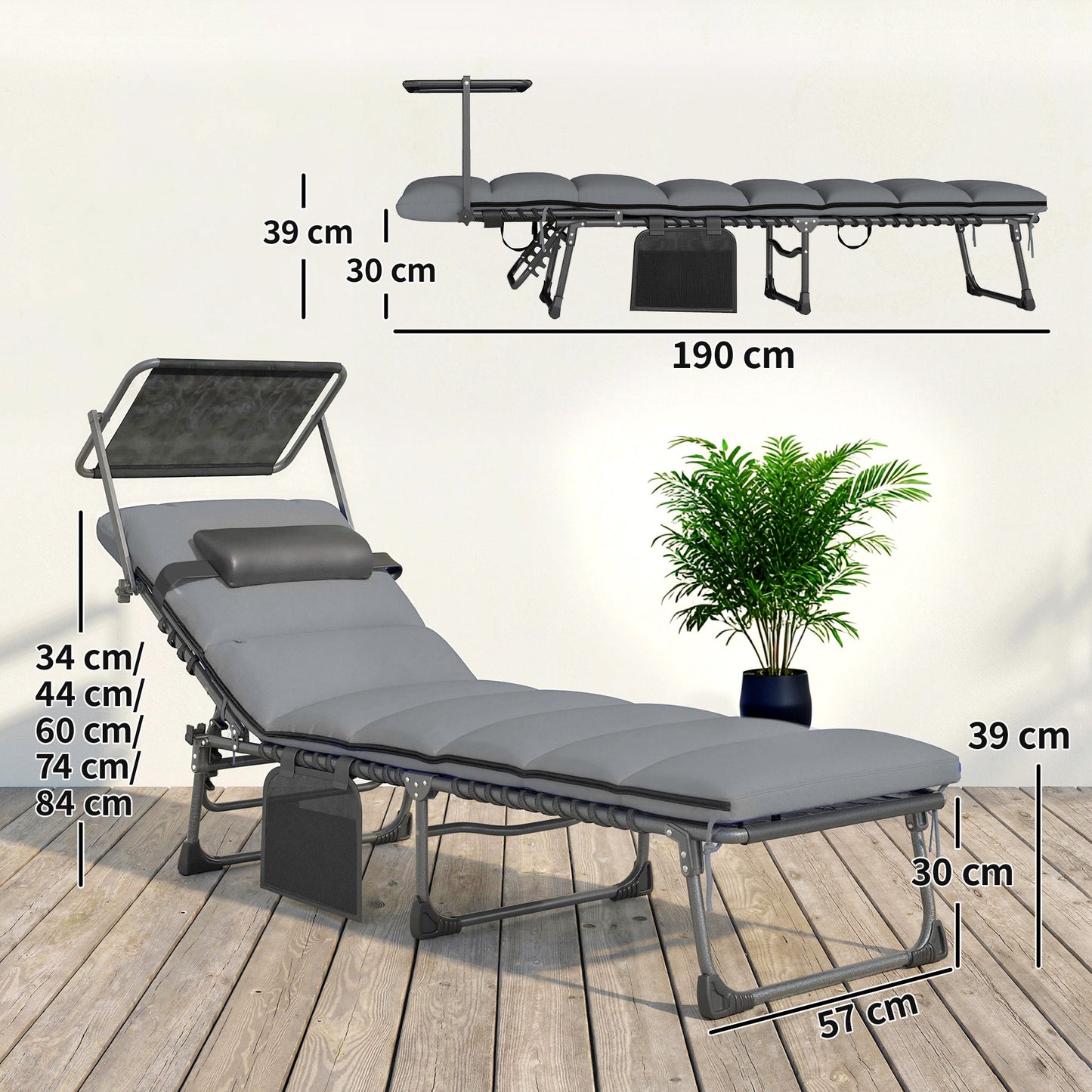 Folding Sun Loungers Set of 2 with Canopy, Reclining Sunbed with Cushion, Side Pocket, Carrying Handle, Light Grey
