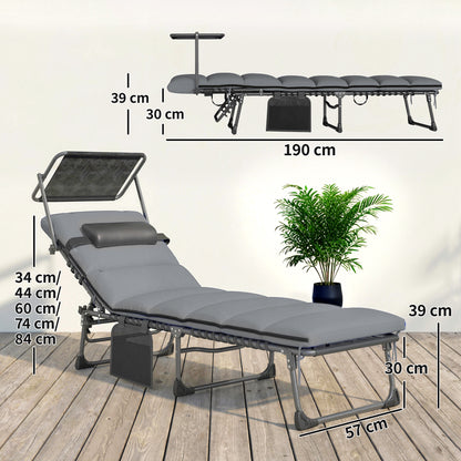 Folding Sun Loungers Set of 2 with Canopy, Reclining Sunbed with Cushion, Side Pocket, Carrying Handle, Light Grey