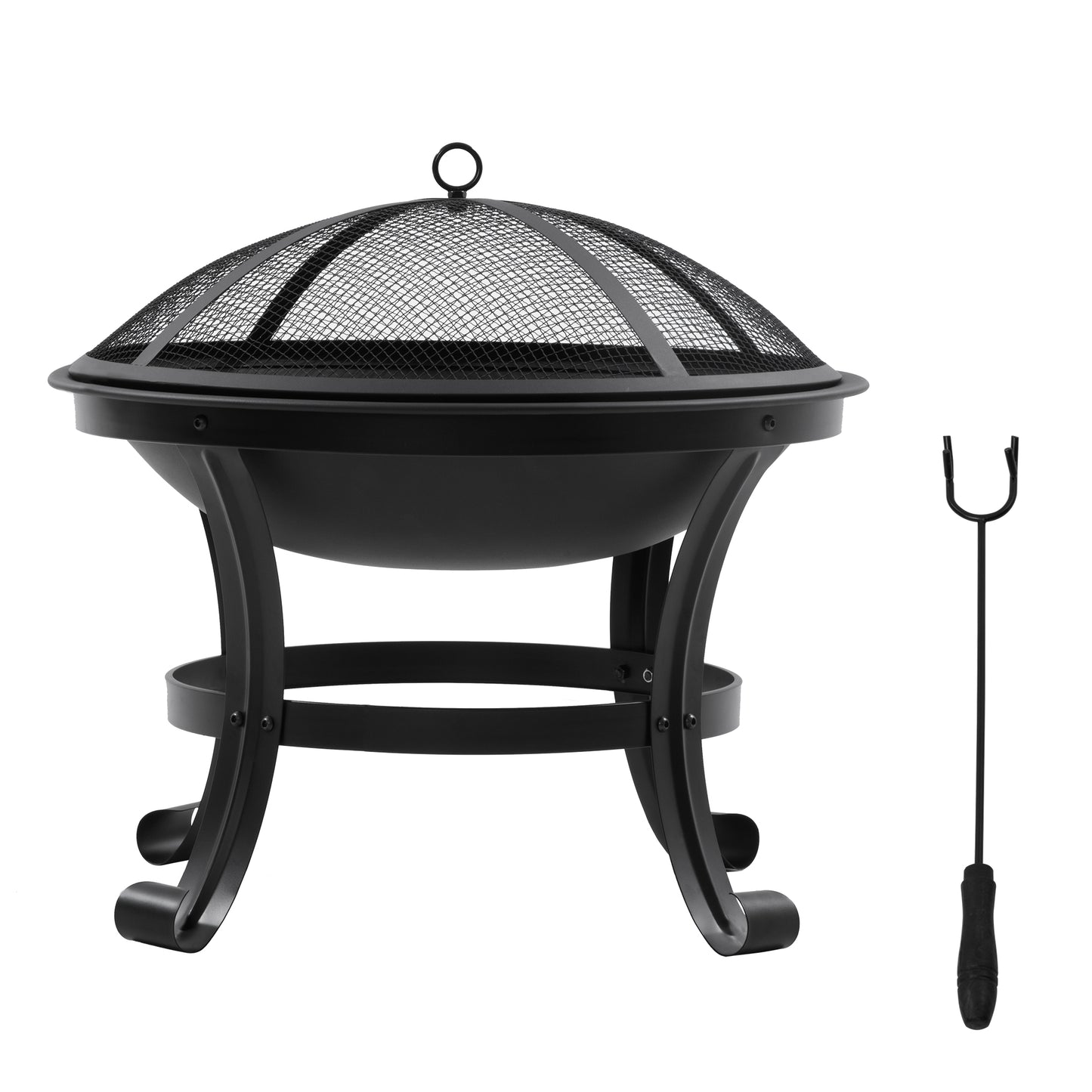 Outdoor Fire Pit, Firepit with Mesh Lid, Poker, for Camping, Bonfire, Picnic, Black