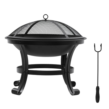 Outdoor Fire Pit, Firepit with Mesh Lid, Poker, for Camping, Bonfire, Picnic, Black
