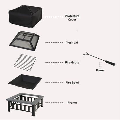 Metal Large Firepit Outdoor Square Fire Pit Brazier with Rain Cover, Lid, Log Grate, Poker for Backyard, Camping, BBQ