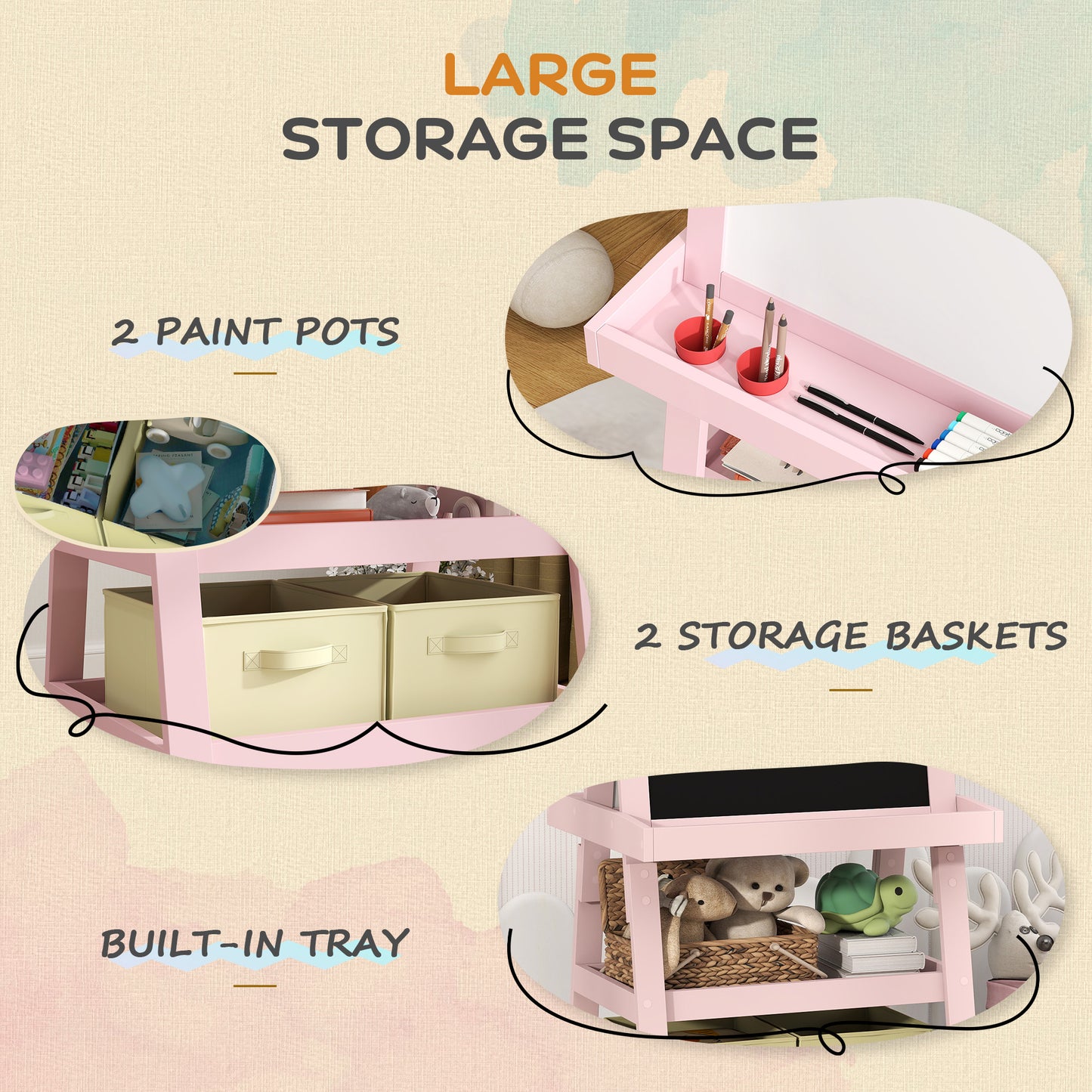 3 in 1 Kids Easel Double-Sided Magnetic Whiteboard and Chalkboard with Paper Roll, Storage Baskets - Pink