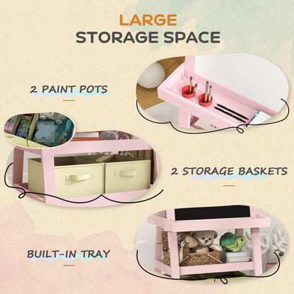 3 in 1 Kids Easel Double-Sided Magnetic Whiteboard and Chalkboard with Paper Roll, Storage Baskets - Pink