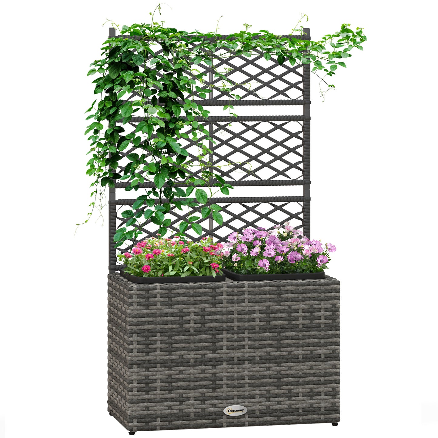 22 L Rattan Planter with Trellis, Freestanding Raised Beds for Garden with Two Plant Boxes