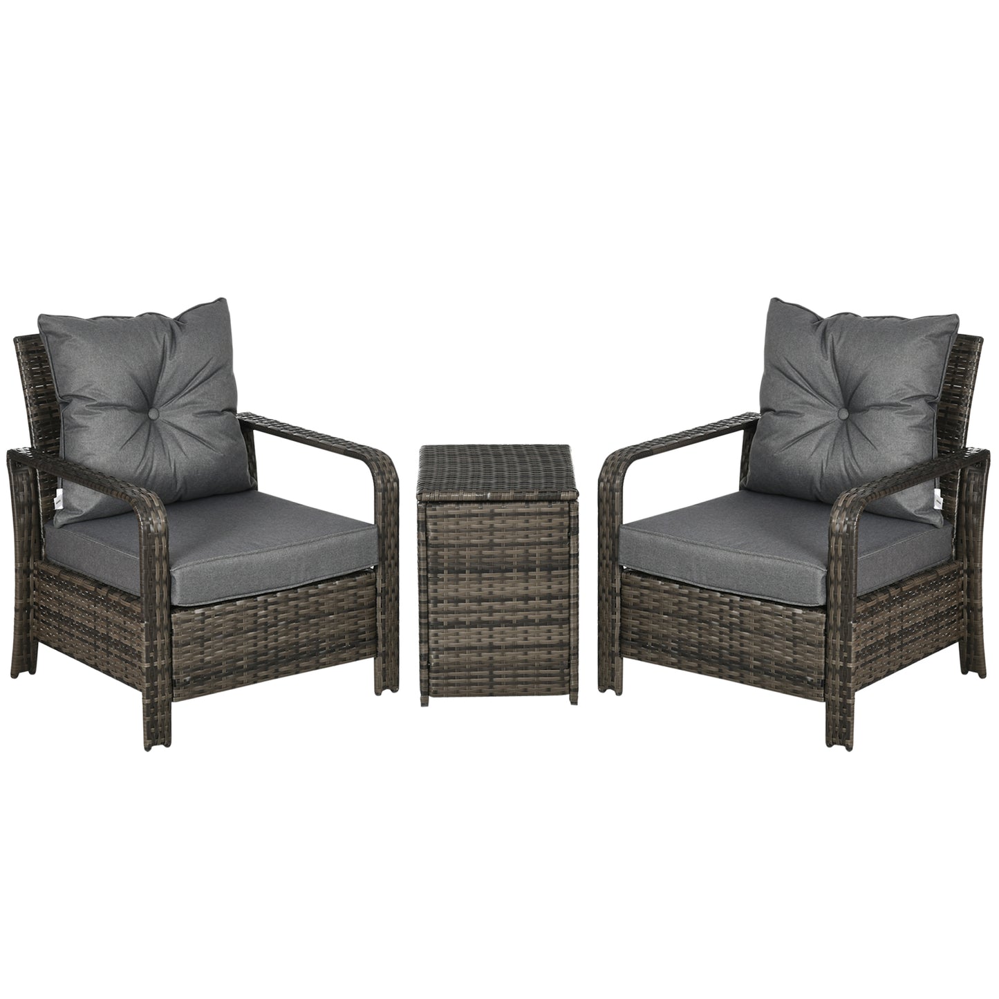 3 Pieces Rattan Bistro Set, Wicker Garden Furniture Set with Storage Coffee Table and Chairs, Thickened Cushions for Outdoor