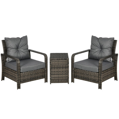 3 Pieces Rattan Bistro Set, Wicker Garden Furniture Set with Storage Coffee Table and Chairs, Thickened Cushions for Outdoor