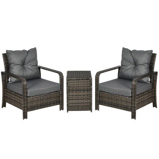 3 Pieces Rattan Bistro Set, Wicker Garden Furniture Set with Storage Coffee Table and Chairs, Thickened Cushions for Outdoor