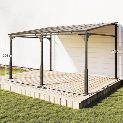 4 x 3 m Metal Lean-to Pergola, Wall-Mounted Garden Pergola with Polycarbonate Roof and Metal-Aluminium Frame
