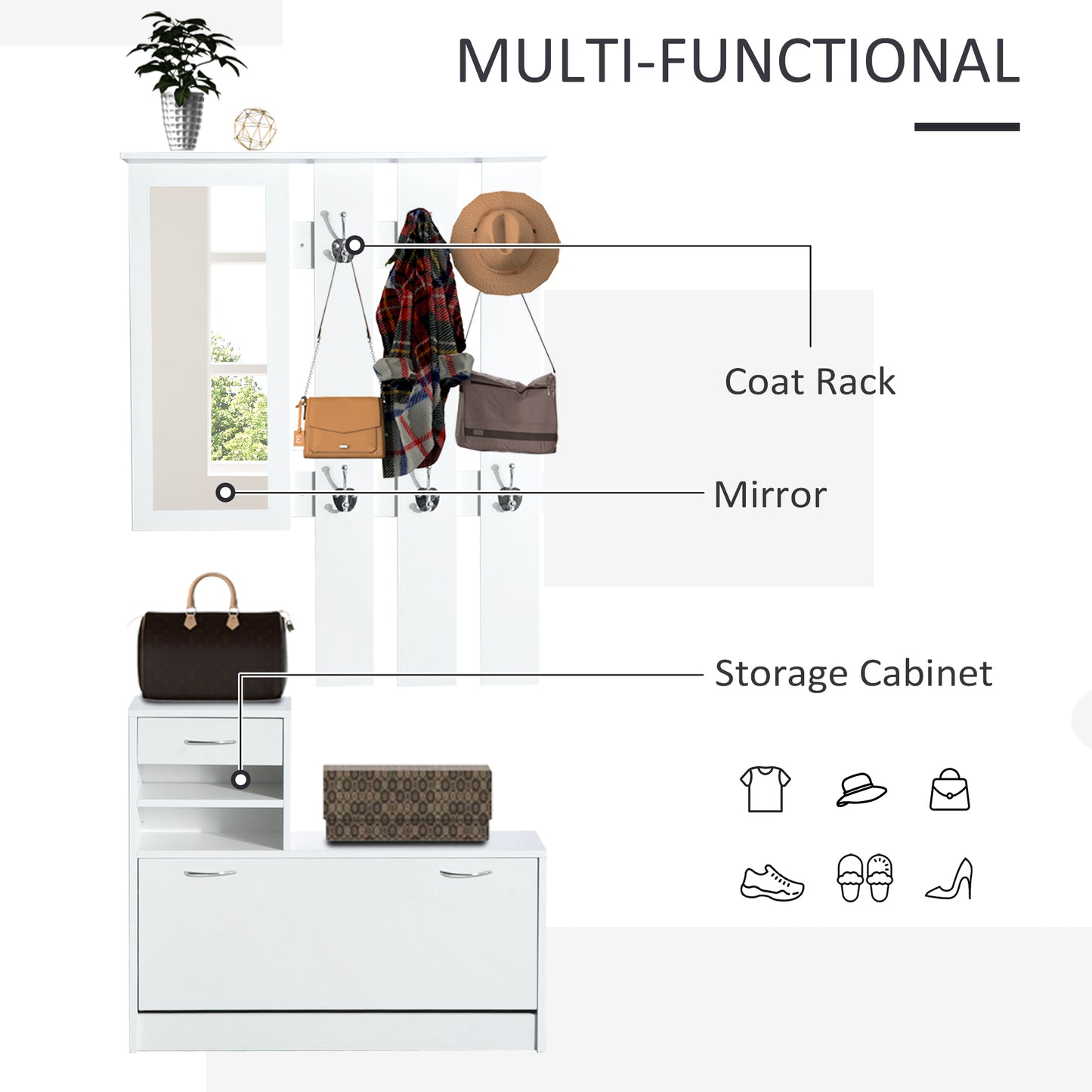 2PC Shoes Storage Chest Cloths Rack Unit w/Mirror Multiple Shelves Large Storage Capacity Shoes Cabinet 6 Hooks Cloth Rack Wh