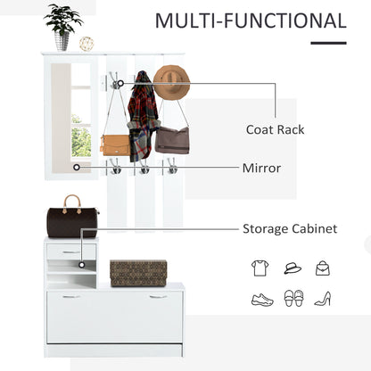 2PC Shoes Storage Chest Cloths Rack Unit w/Mirror Multiple Shelves Large Storage Capacity Shoes Cabinet 6 Hooks Cloth Rack Wh
