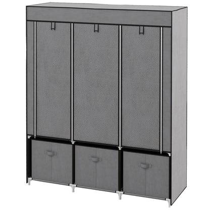 Foldable Fabric Wardrobe for Bedroom, Portable Wardrobe with 5 Shelves, 2 Hanging Rails and 3 Fabric Drawers, Dark Grey